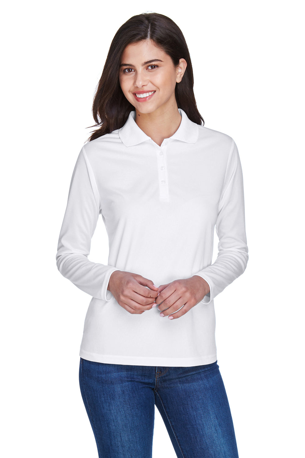 Core 365 Womens Pinnacle Performance Moisture Wicking Long Sleeve Polo  Shirt - White