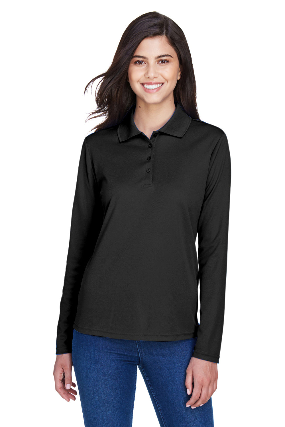 Core 365 78192 Womens Pinnacle Performance Moisture Wicking Long Sleeve Polo Shirt Black Front