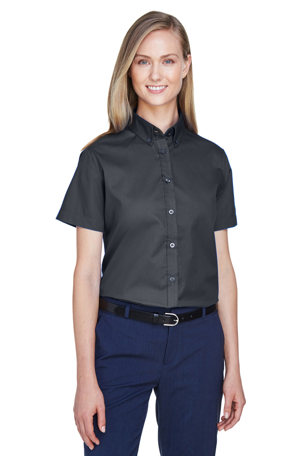 Core 365 78194 Womens Optimum Short Sleeve Button Down Shirt Carbon Grey Front