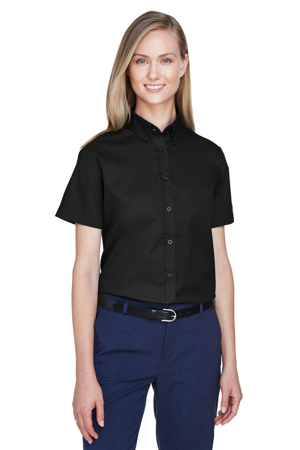 Core 365 78194 Womens Optimum Short Sleeve Button Down Shirt Black Front