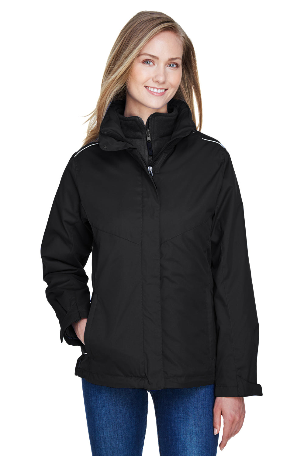 Core 365 78205 Womens Region 3-in-1 Water Resistant Full Zip Hooded Jacket Black Front