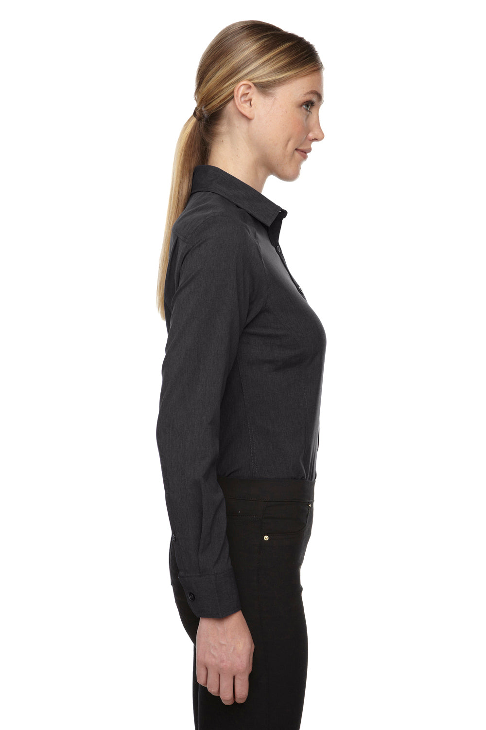 North End 78802 Womens Sport Blue Performance Moisture Wicking Long Sleeve Button Down Shirt Heather Carbon Grey Side