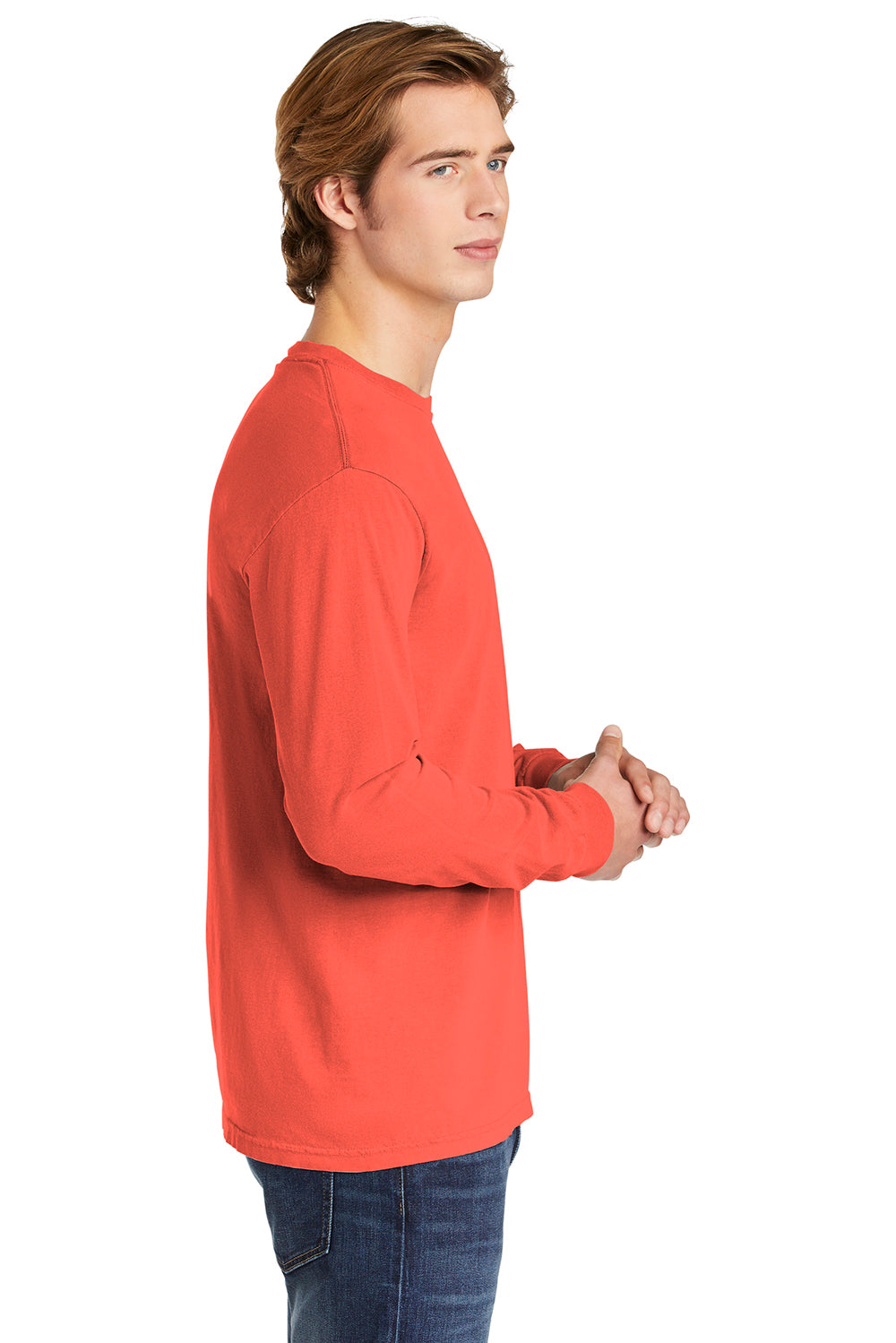 Comfort Colors 6014/C6014 Mens Long Sleeve Crewneck T-Shirt Bright Salmon Orange Side