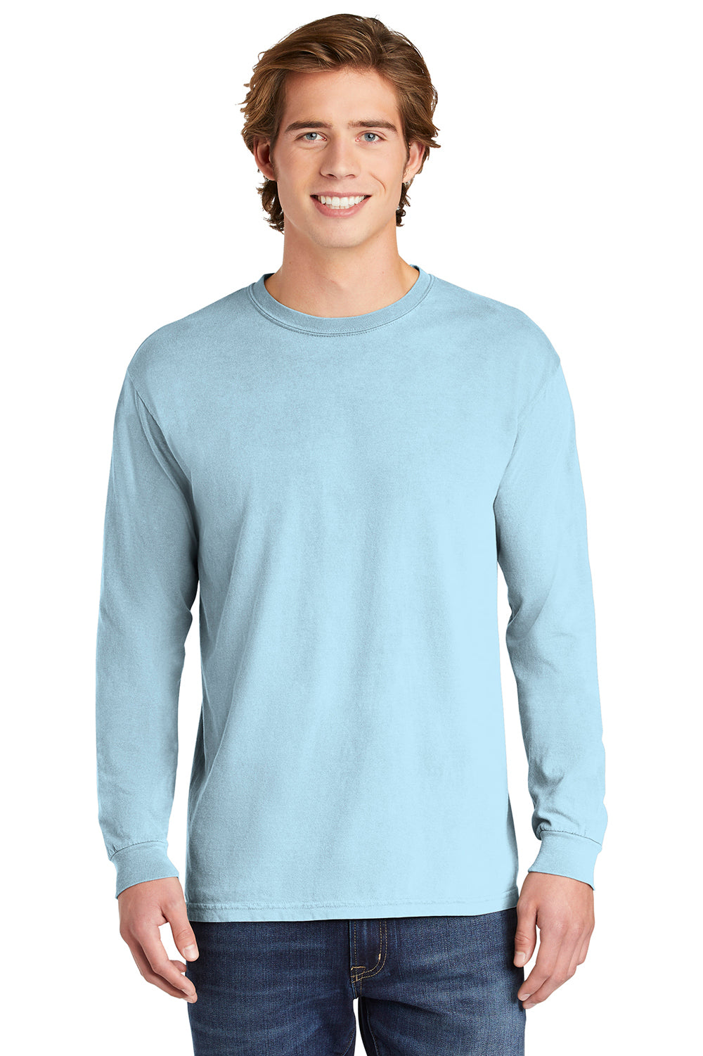 Comfort Colors 6014/C6014 Mens Long Sleeve Crewneck T-Shirt Chambray Blue Front