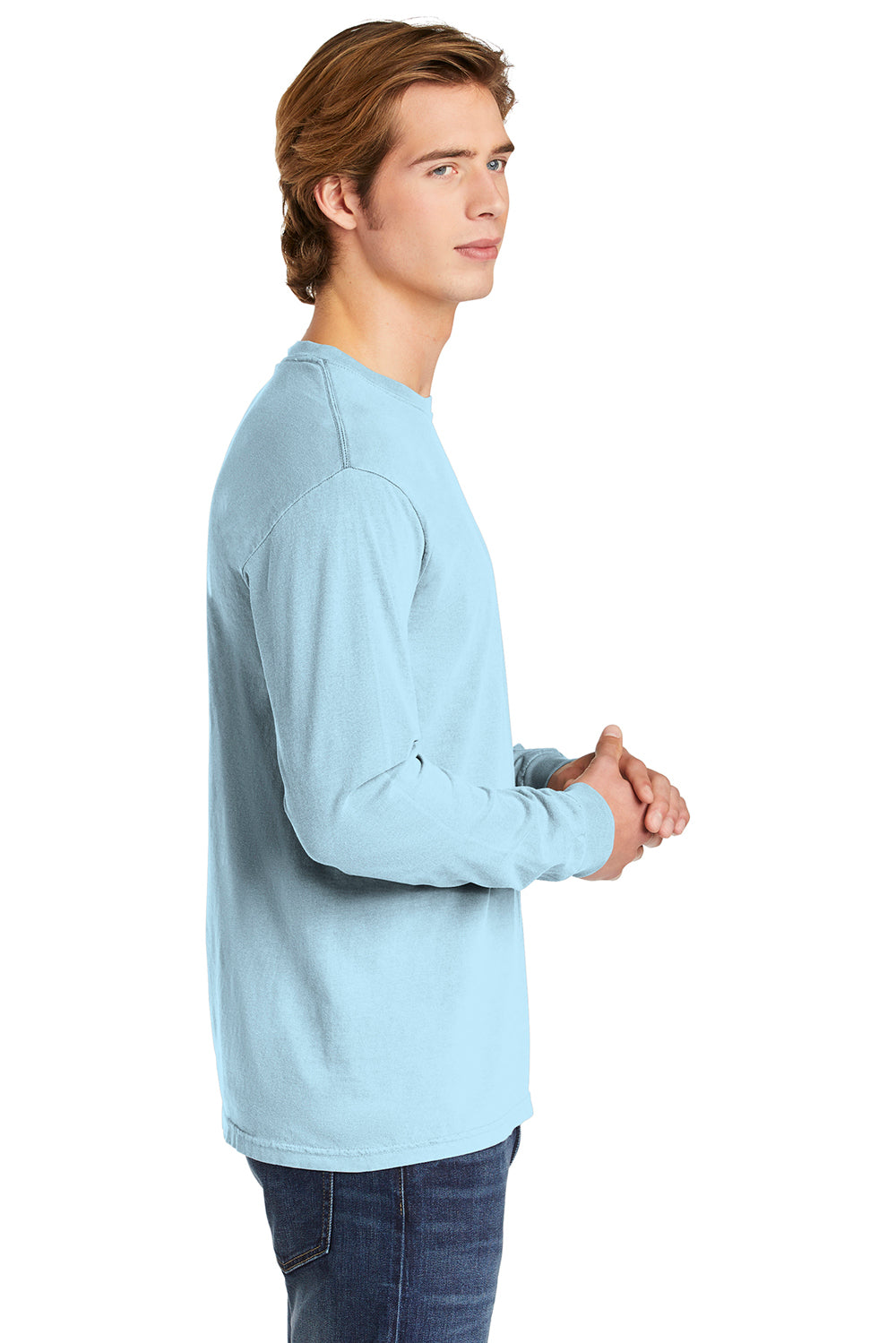 Comfort Colors 6014/C6014 Mens Long Sleeve Crewneck T-Shirt Chambray Blue Side
