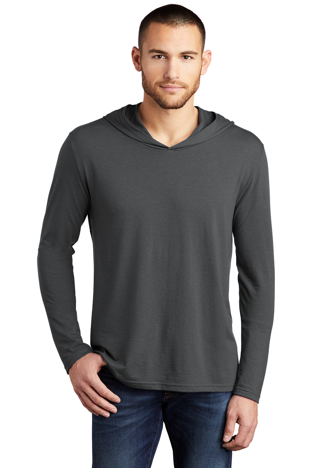 District DM139 Mens Perfect Tri Long Sleeve Hooded T-Shirt Hoodie Charcoal Grey Front