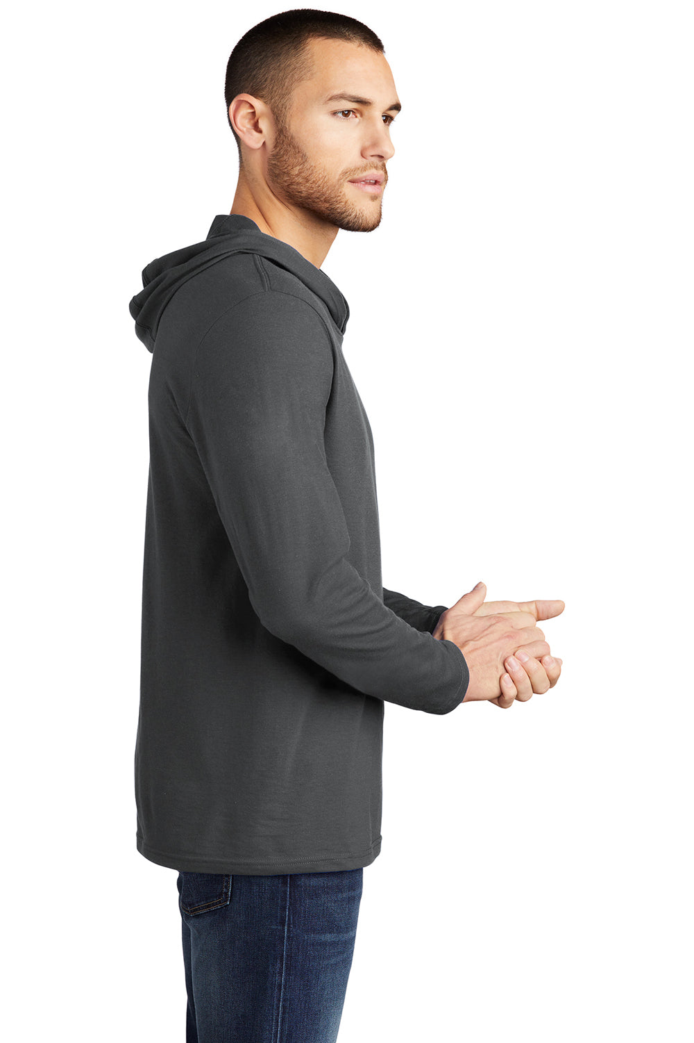 District DM139 Mens Perfect Tri Long Sleeve Hooded T-Shirt Hoodie Charcoal Grey Side