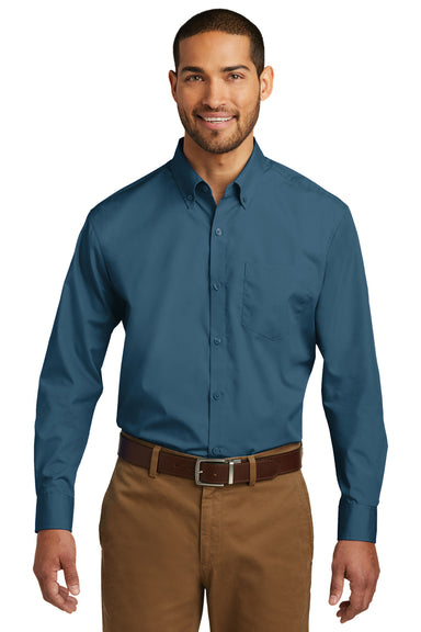 Port Authority W100/TW100 Mens Carefree Stain Resistant Long Sleeve Button Down Shirt w/ Pocket Dusty Blue Front