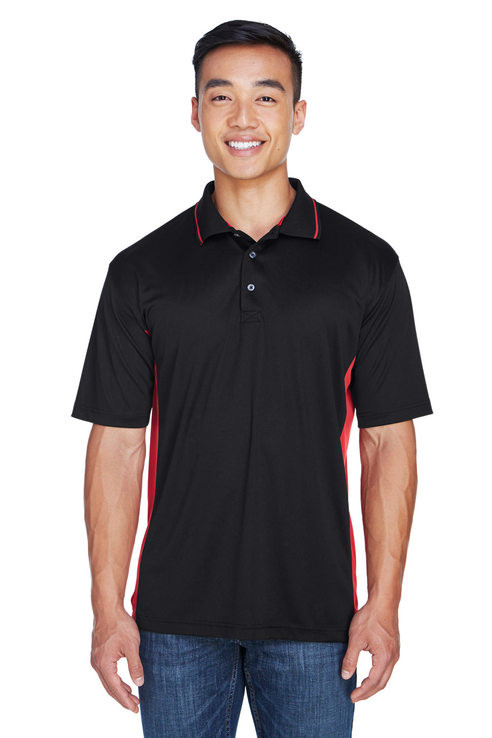 UltraClub 8406 Mens Cool & Dry Moisture Wicking Short Sleeve Polo Shirt Black/Red Front