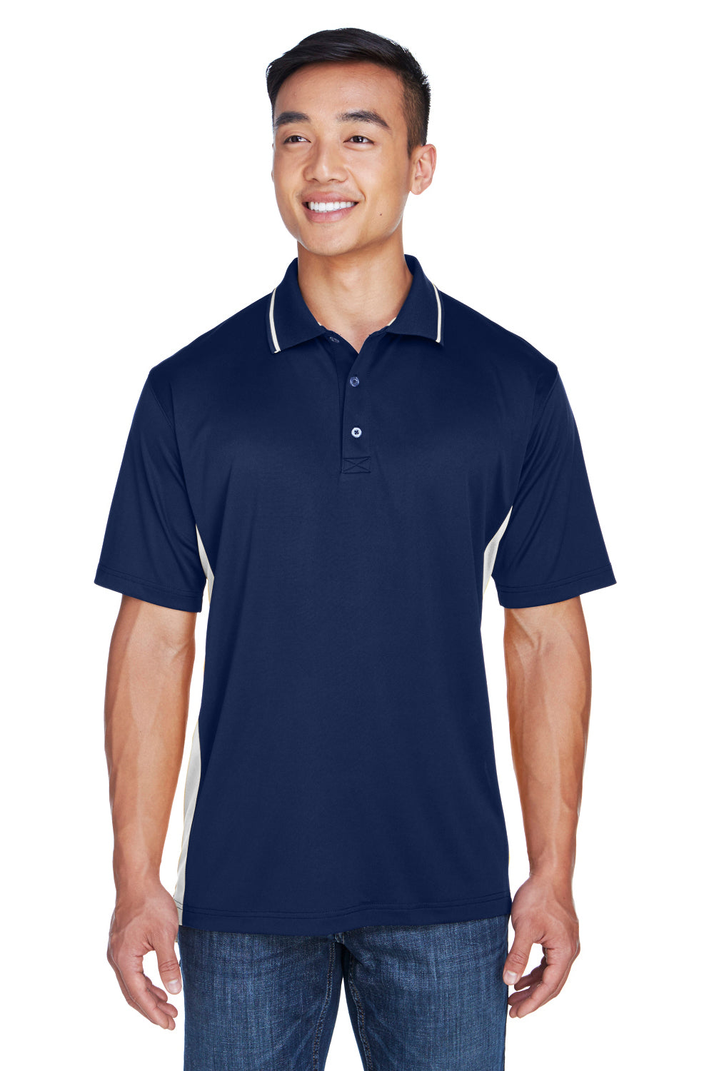UltraClub 8406 Mens Cool & Dry Moisture Wicking Short Sleeve Polo Shirt Navy Blue/White Front