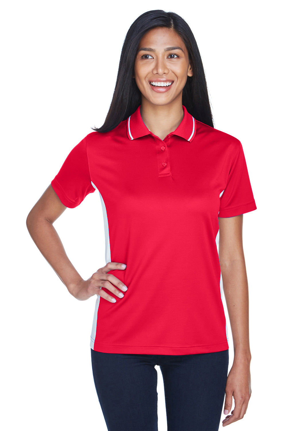 UltraClub 8406L Womens Cool & Dry Moisture Wicking Short Sleeve Polo Shirt Red/White Front