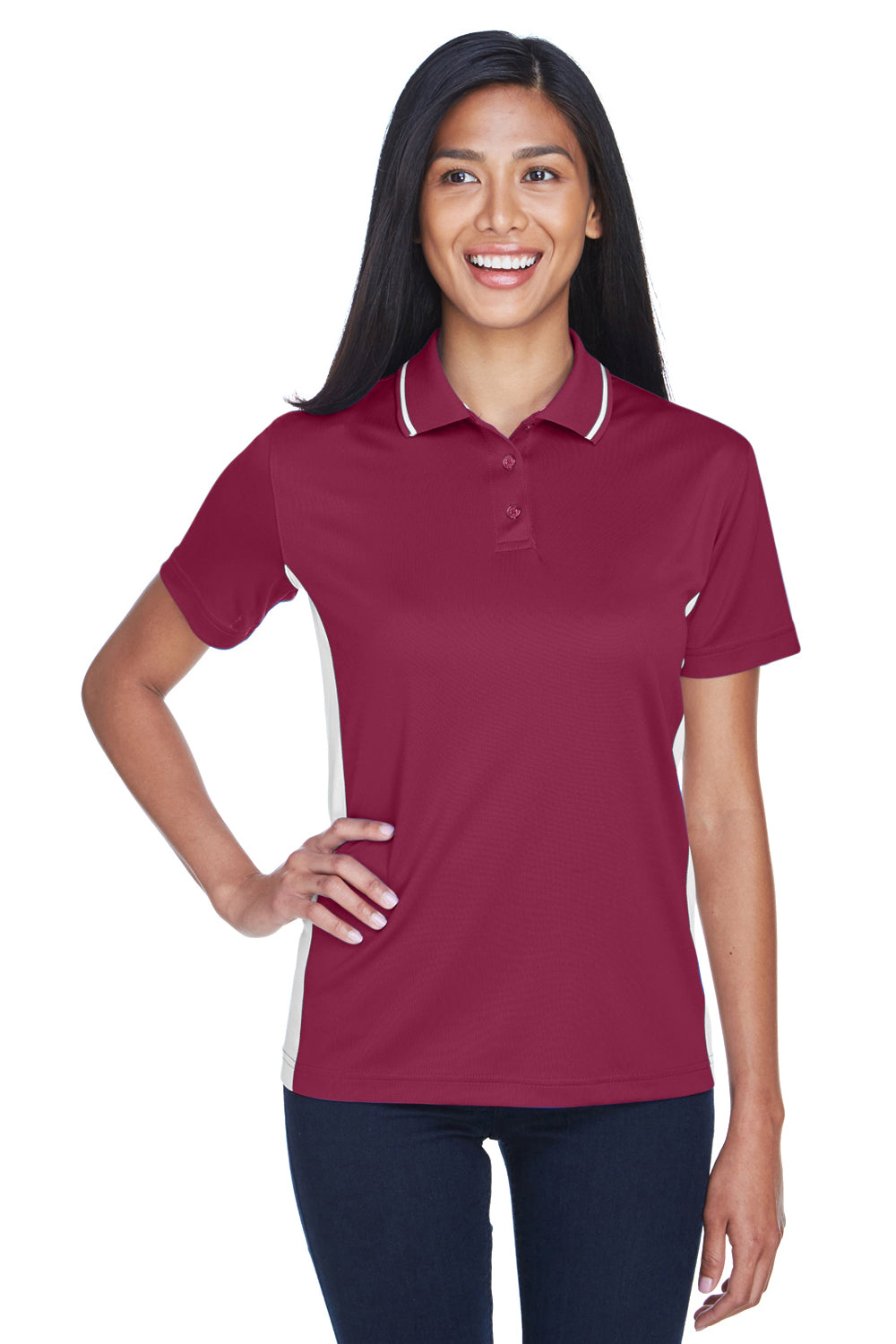 UltraClub 8406L Womens Cool & Dry Moisture Wicking Short Sleeve Polo Shirt Maroon/White Front