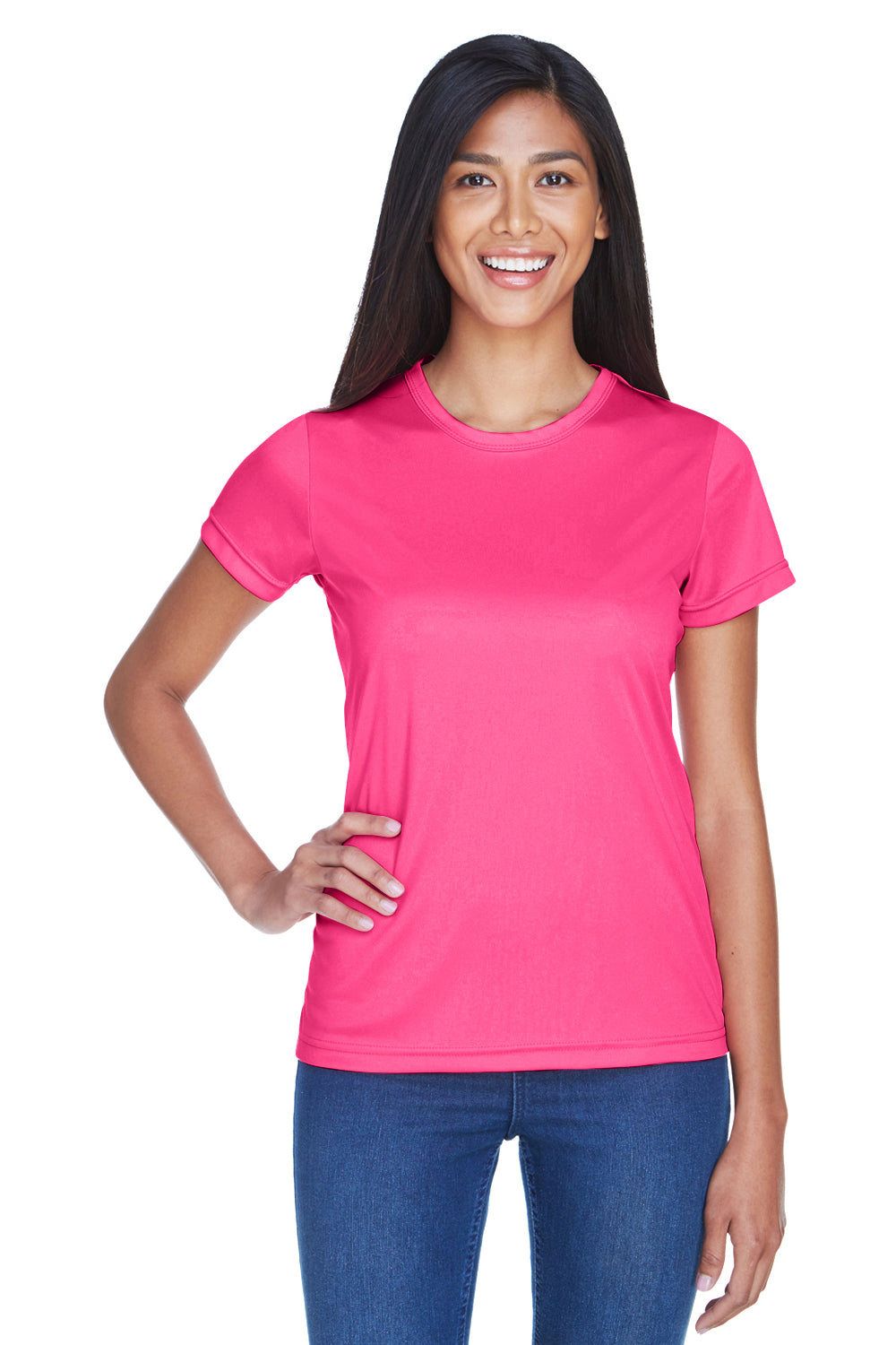 UltraClub 8420L Womens Cool & Dry Performance Moisture Wicking Short Sleeve Crewneck T-Shirt Heliconia Pink Front