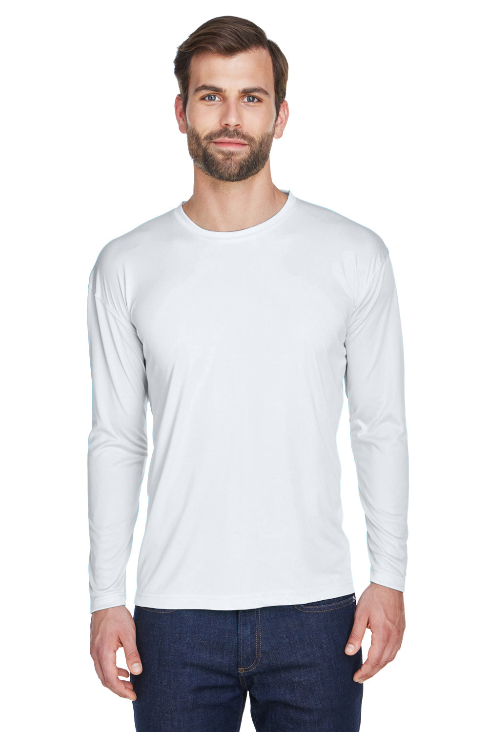 UltraClub 8422 Mens Cool & Dry Performance Moisture Wicking Long Sleeve Crewneck T-Shirt White Front