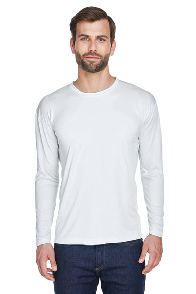 UltraClub 8422 Mens Cool & Dry Performance Moisture Wicking Long Sleeve Crewneck T-Shirt White Front