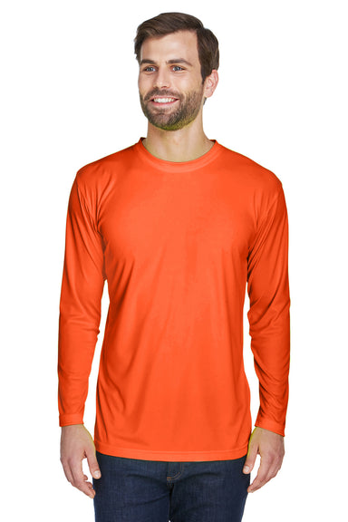 UltraClub 8422 Mens Cool & Dry Performance Moisture Wicking Long Sleeve Crewneck T-Shirt Bright Orange Front