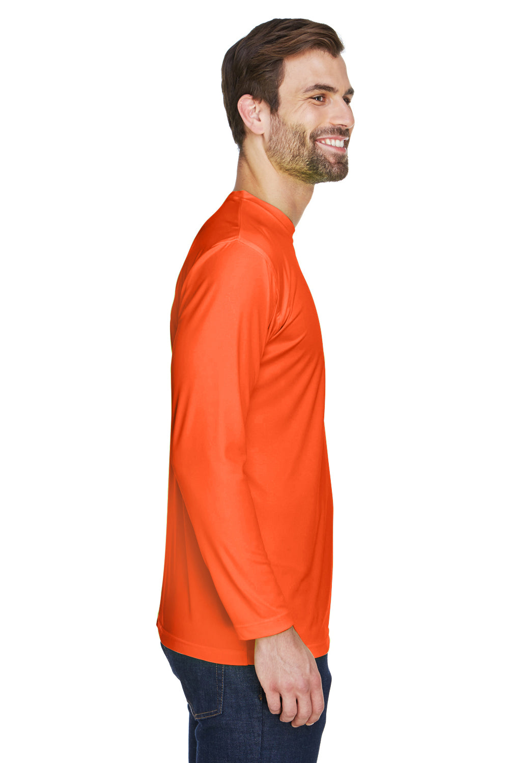UltraClub 8422 Mens Cool & Dry Performance Moisture Wicking Long Sleeve Crewneck T-Shirt Bright Orange Side