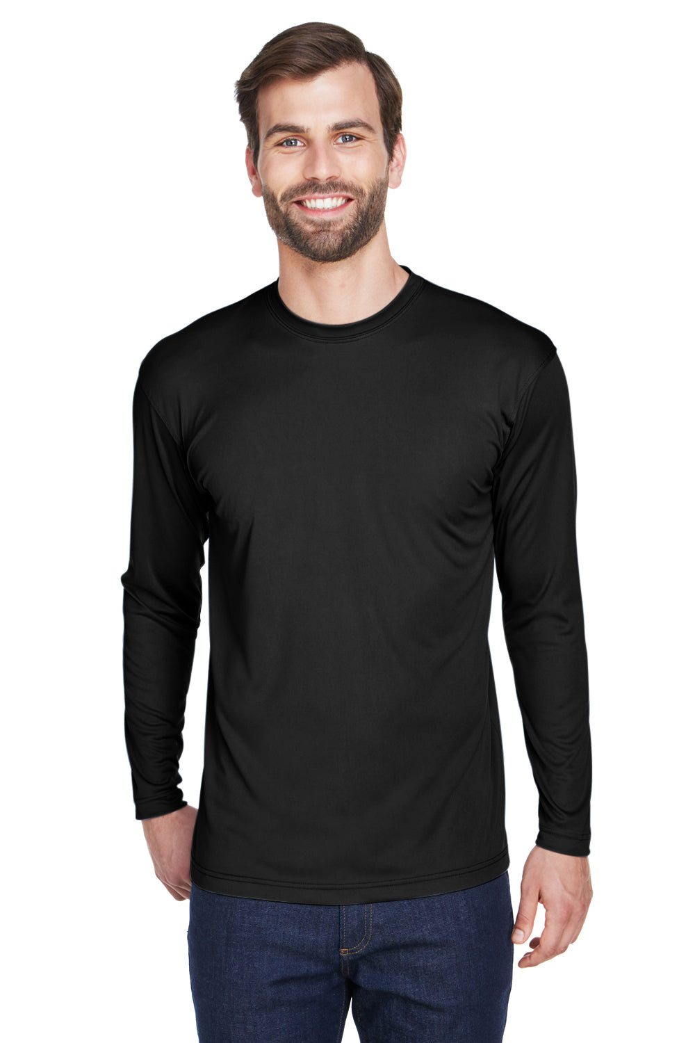 UltraClub 8422 Mens Cool & Dry Performance Moisture Wicking Long Sleeve Crewneck T-Shirt Black Front