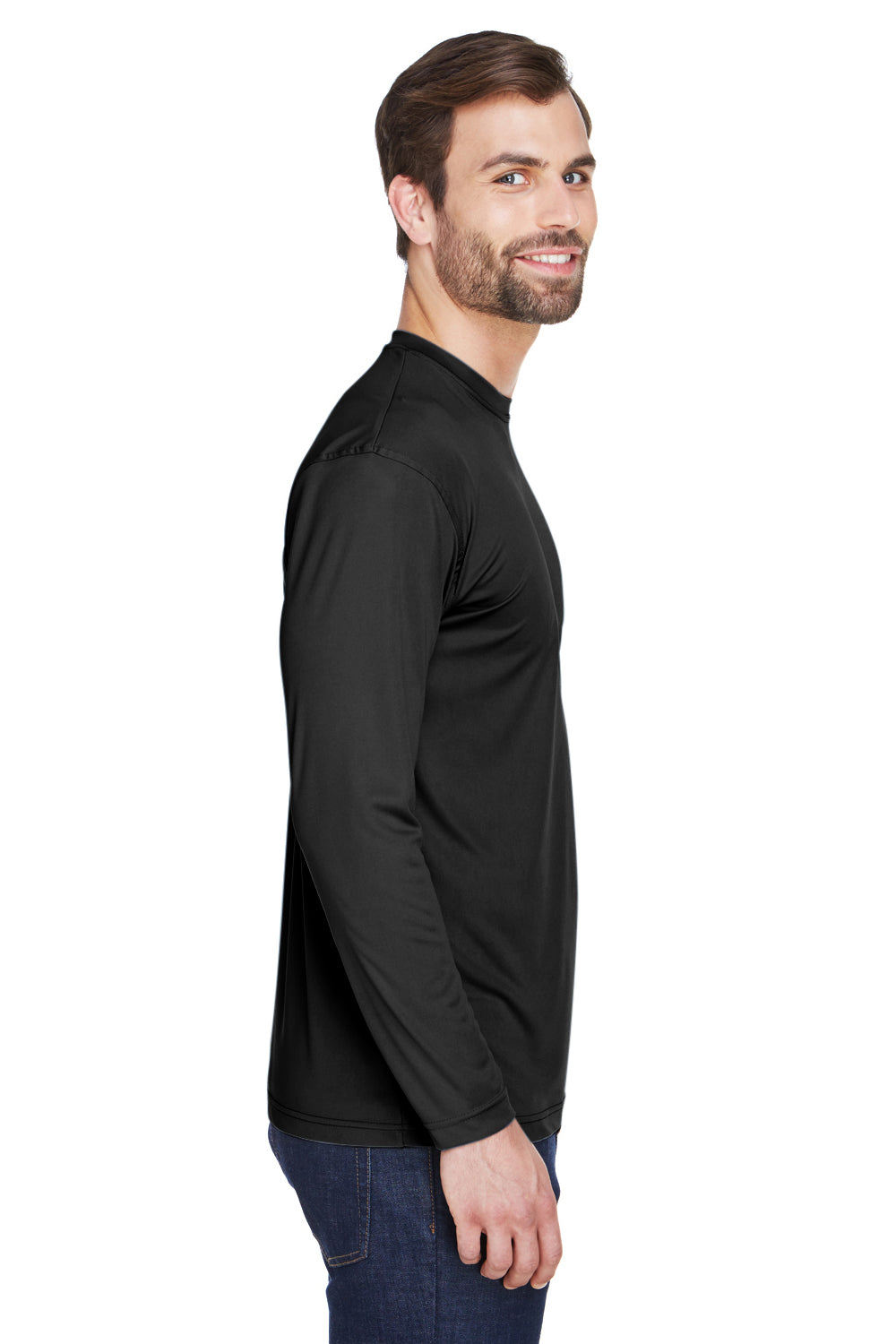 UltraClub 8422 Mens Cool & Dry Performance Moisture Wicking Long Sleeve Crewneck T-Shirt Black Side