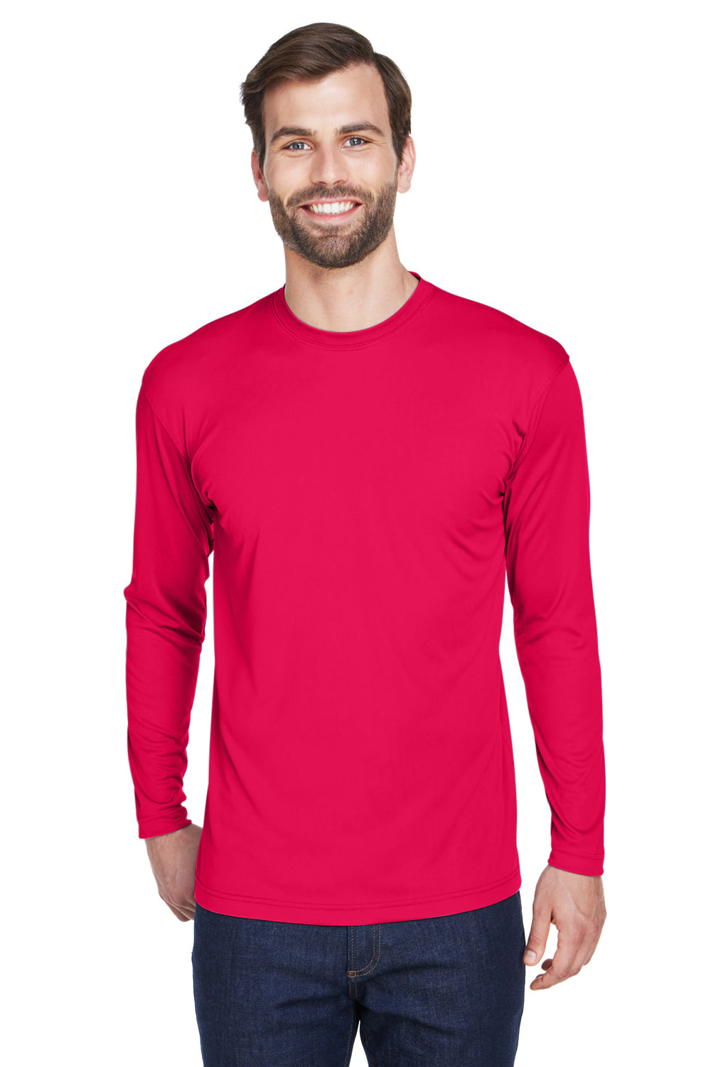 UltraClub 8422 Mens Cool & Dry Performance Moisture Wicking Long Sleeve Crewneck T-Shirt Red Front