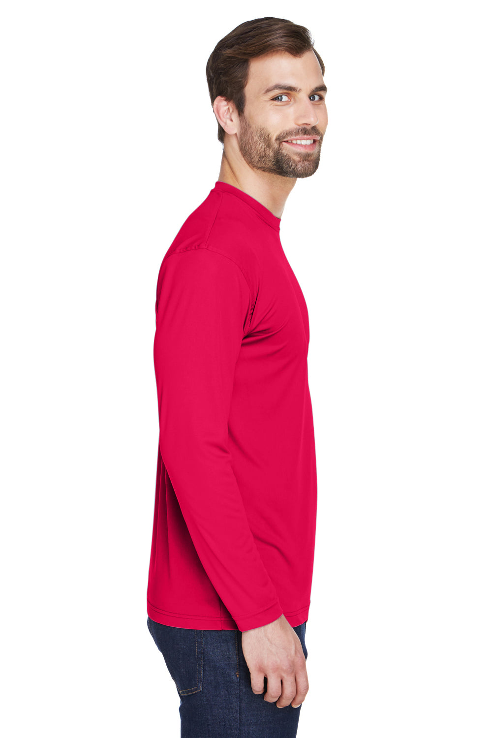UltraClub 8422 Mens Cool & Dry Performance Moisture Wicking Long Sleeve Crewneck T-Shirt Red Side