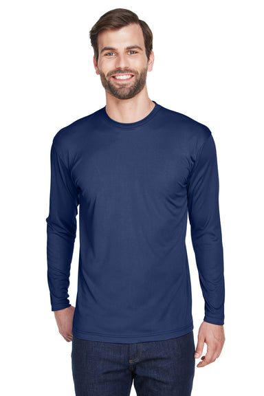 UltraClub 8422 Mens Cool & Dry Performance Moisture Wicking Long Sleeve Crewneck T-Shirt Navy Blue Front