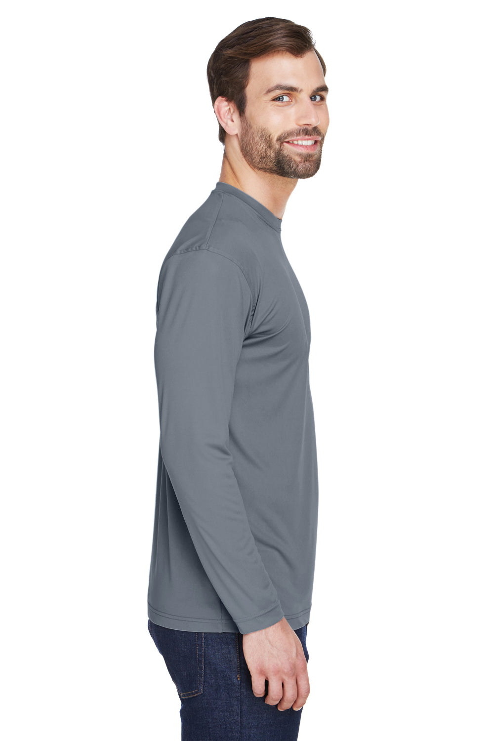UltraClub 8422 Mens Cool & Dry Performance Moisture Wicking Long Sleeve Crewneck T-Shirt Charcoal Grey Side