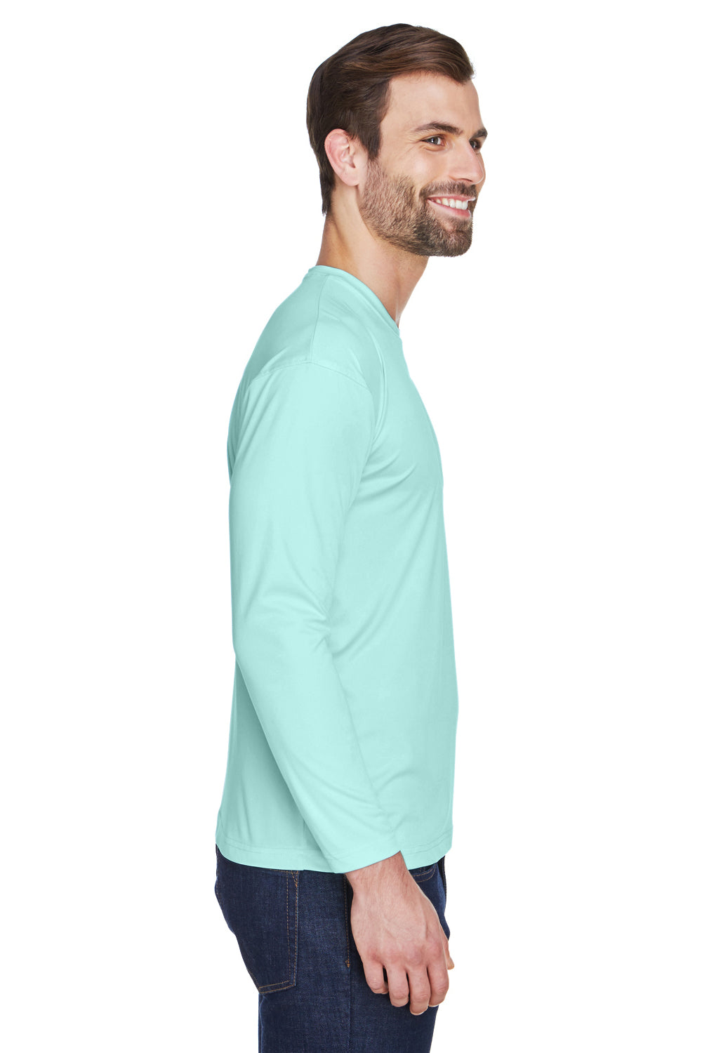 UltraClub 8422 Mens Cool & Dry Performance Moisture Wicking Long Sleeve Crewneck T-Shirt Sea Frost Green Side