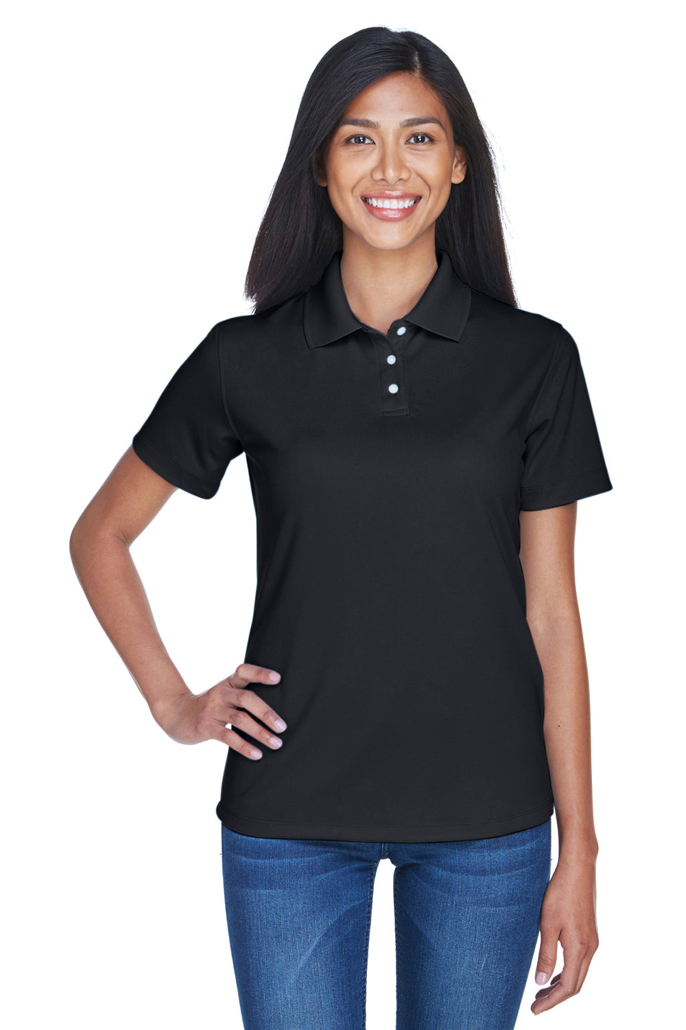 UltraClub 8445L Womens Cool & Dry Performance Moisture Wicking Short Sleeve Polo Shirt Black Front