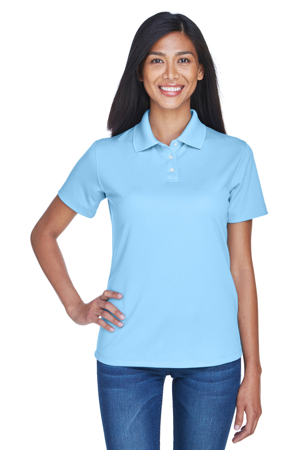 UltraClub 8445L Womens Cool & Dry Performance Moisture Wicking Short Sleeve Polo Shirt Columbia Blue Front