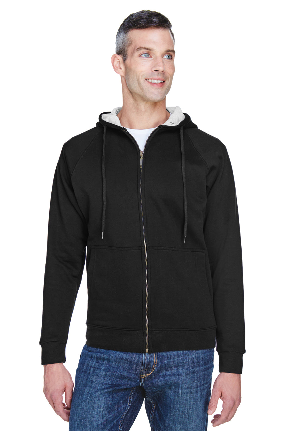 UltraClub 8463 Mens Rugged Wear Water Resistant Fleece Full Zip Hooded Sweatshirt Hoodie Black Front