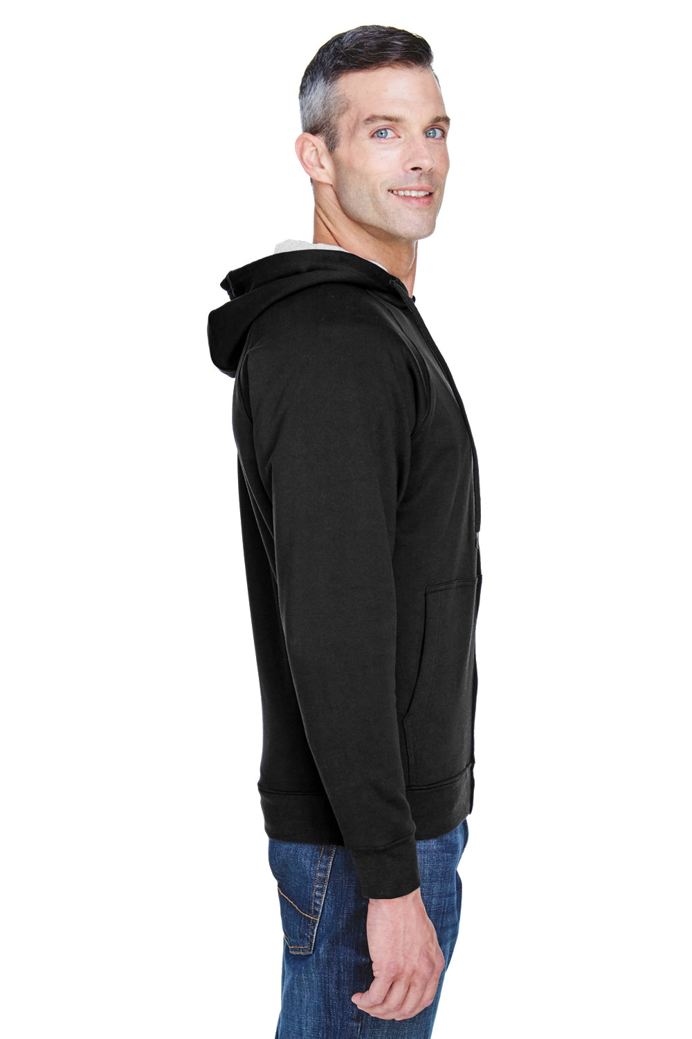 UltraClub 8463 Mens Rugged Wear Water Resistant Fleece Full Zip Hooded Sweatshirt Hoodie Black Side