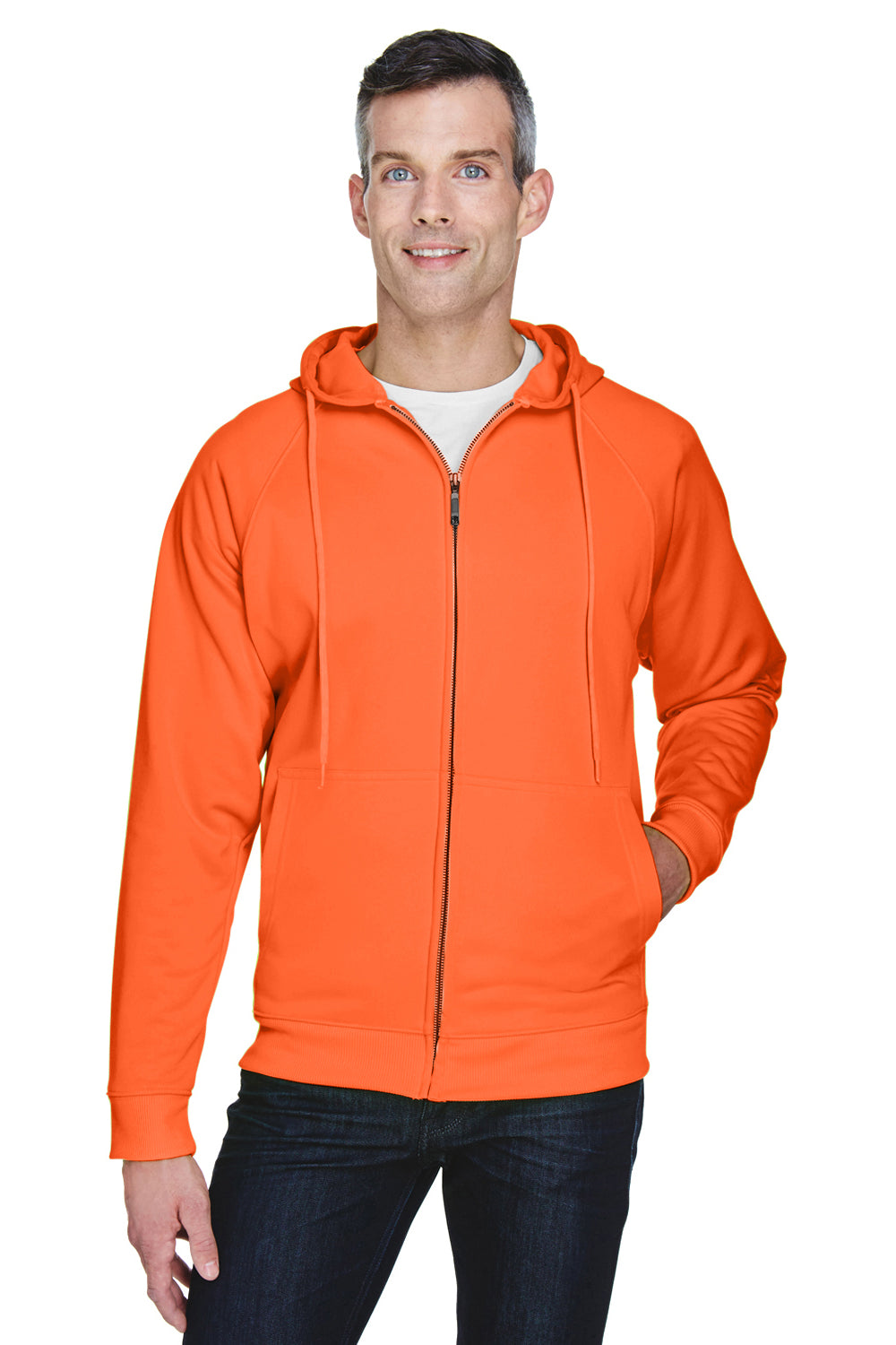 UltraClub 8463 Mens Rugged Wear Water Resistant Fleece Full Zip Hooded Sweatshirt Hoodie Bright Orange Front