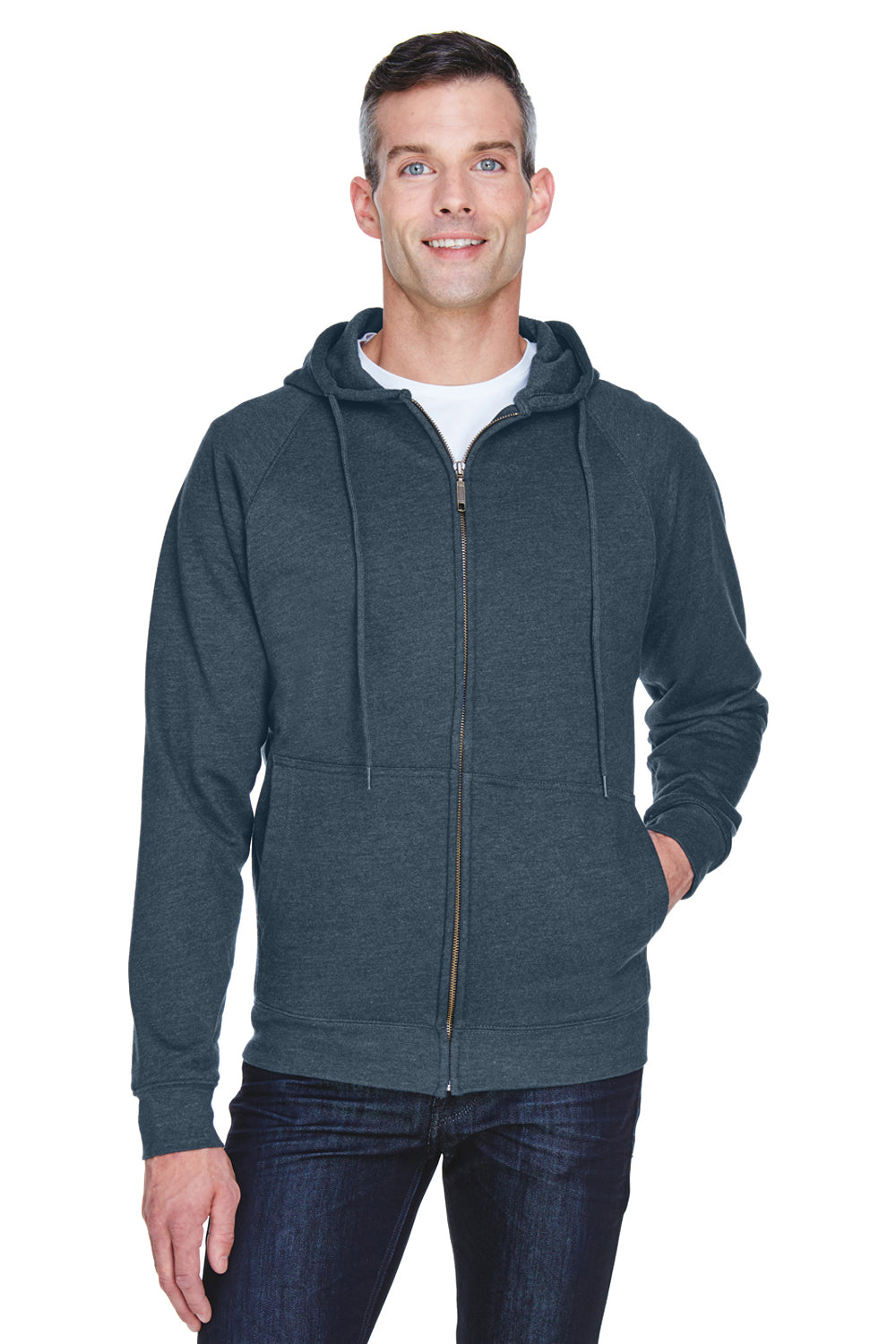 UltraClub 8463 Mens Rugged Wear Water Resistant Fleece Full Zip Hooded Sweatshirt Hoodie Heather Dark Grey Front