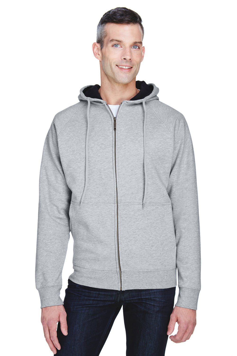 UltraClub 8463 Mens Rugged Wear Water Resistant Fleece Full Zip Hooded Sweatshirt Hoodie Heather Grey Front