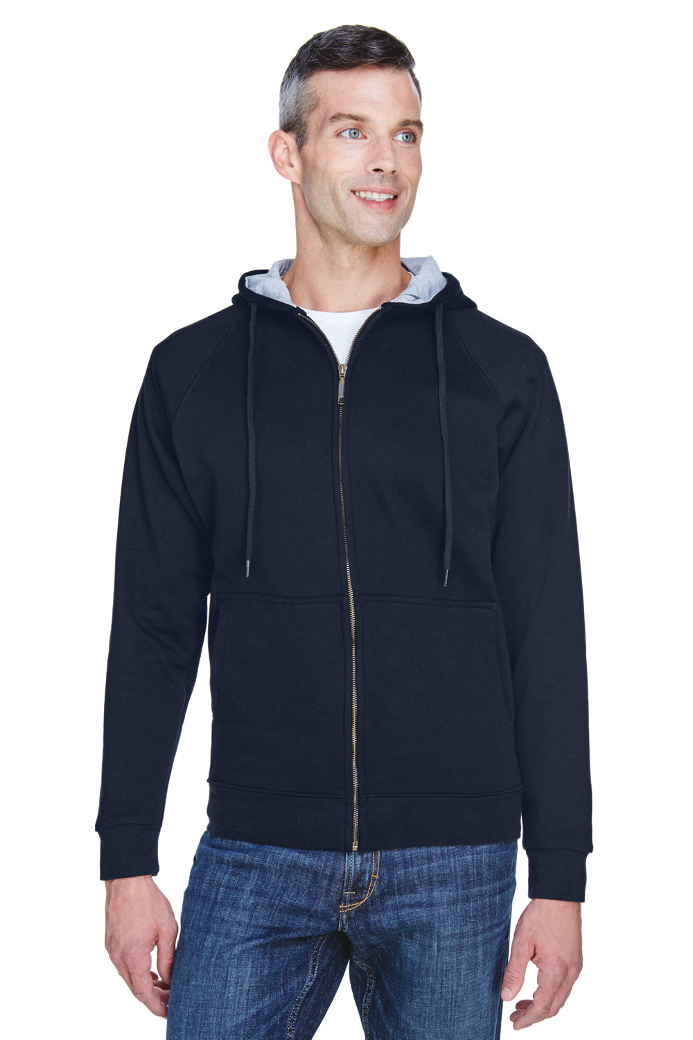 UltraClub 8463 Mens Rugged Wear Water Resistant Fleece Full Zip Hooded Sweatshirt Hoodie Navy Blue Front
