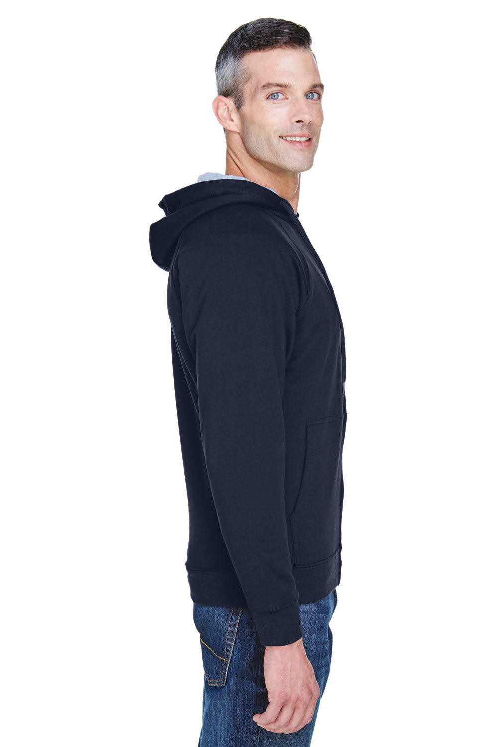 UltraClub 8463 Mens Rugged Wear Water Resistant Fleece Full Zip Hooded Sweatshirt Hoodie Navy Blue Side