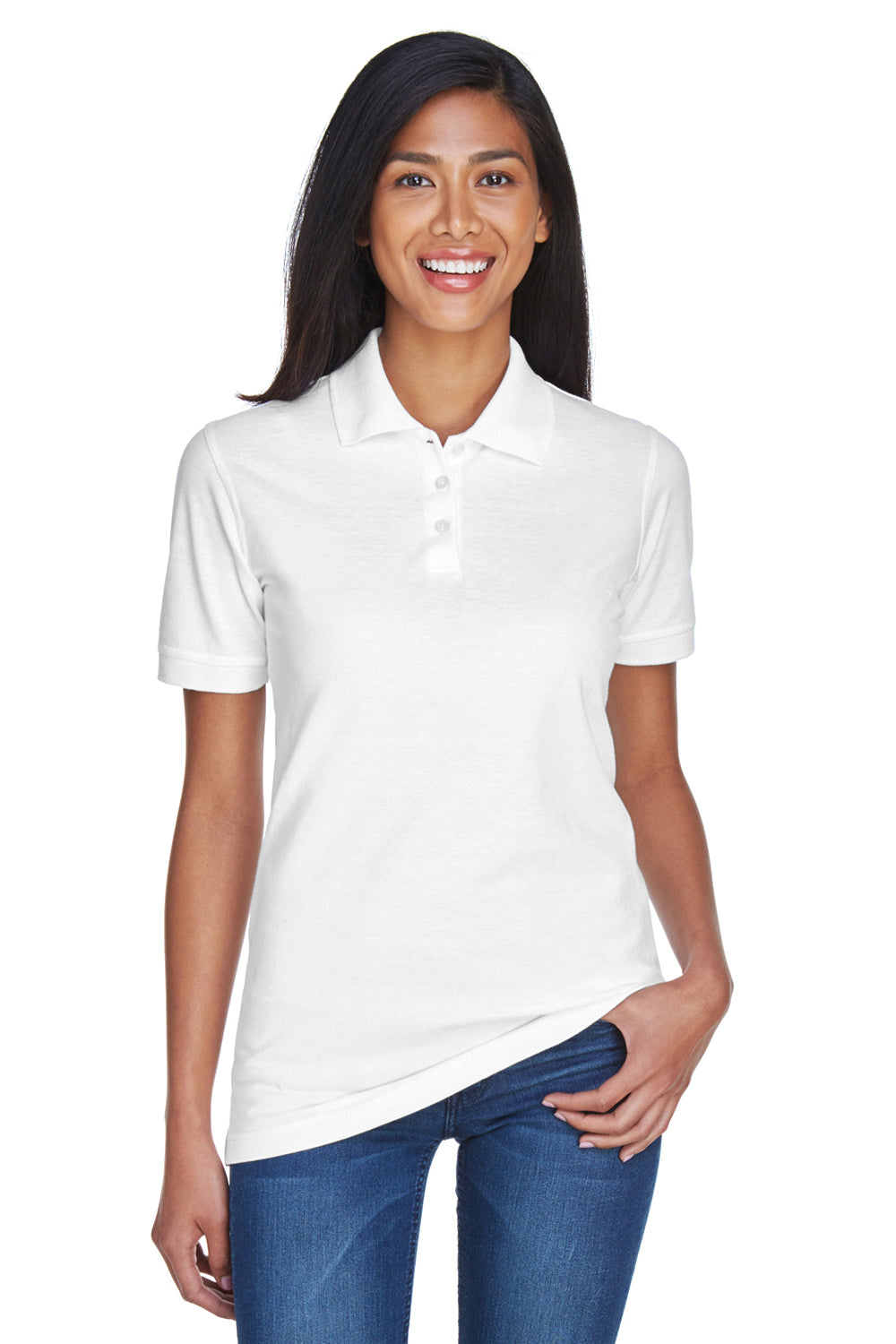 UltraClub 8530 Womens Classic Short Sleeve Polo Shirt White Front