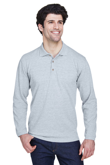 UltraClub 8532 Mens Classic Long Sleeve Polo Shirt Heather Grey Front