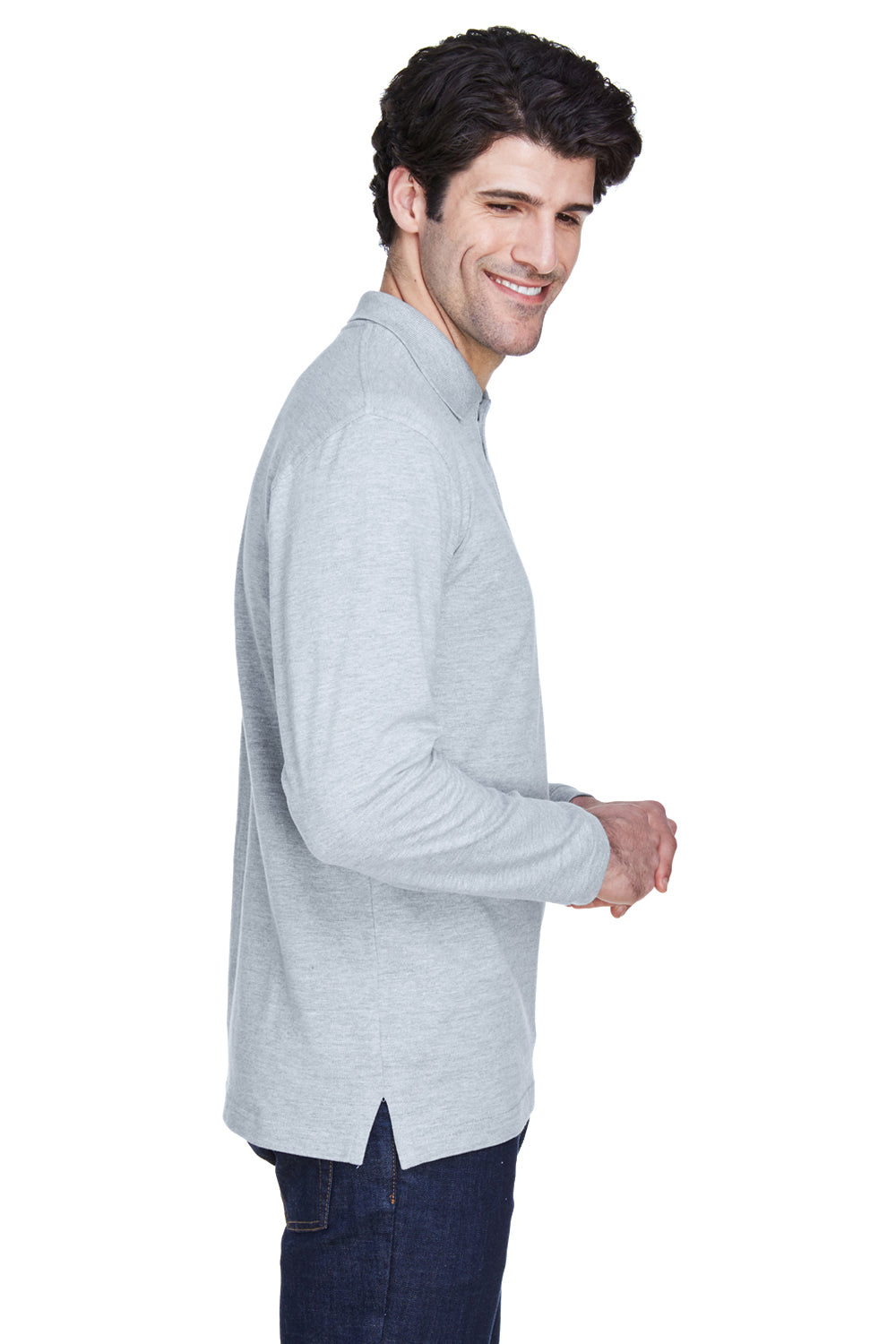 UltraClub 8532 Mens Classic Long Sleeve Polo Shirt Heather Grey Side