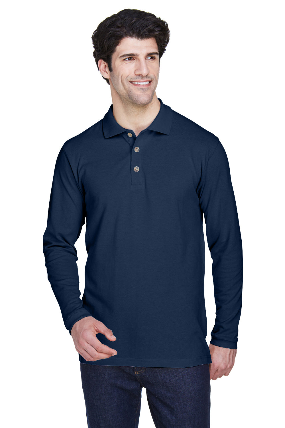 UltraClub 8532 Mens Classic Long Sleeve Polo Shirt Navy Blue Front