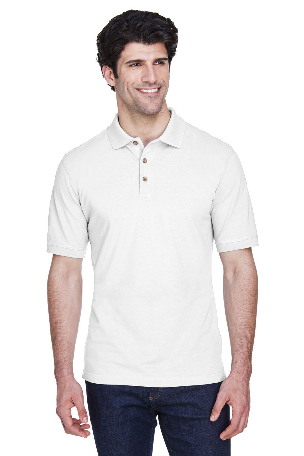 UltraClub 8535 Mens Classic Short Sleeve Polo Shirt White Front