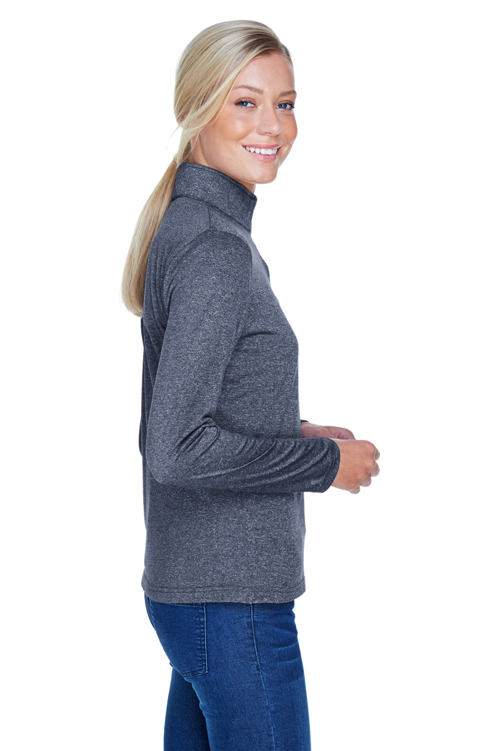 UltraClub 8618W Womens Heather Cool & Dry Performance Moisture Wicking 1/4 Zip Sweatshirt Navy Blue Side