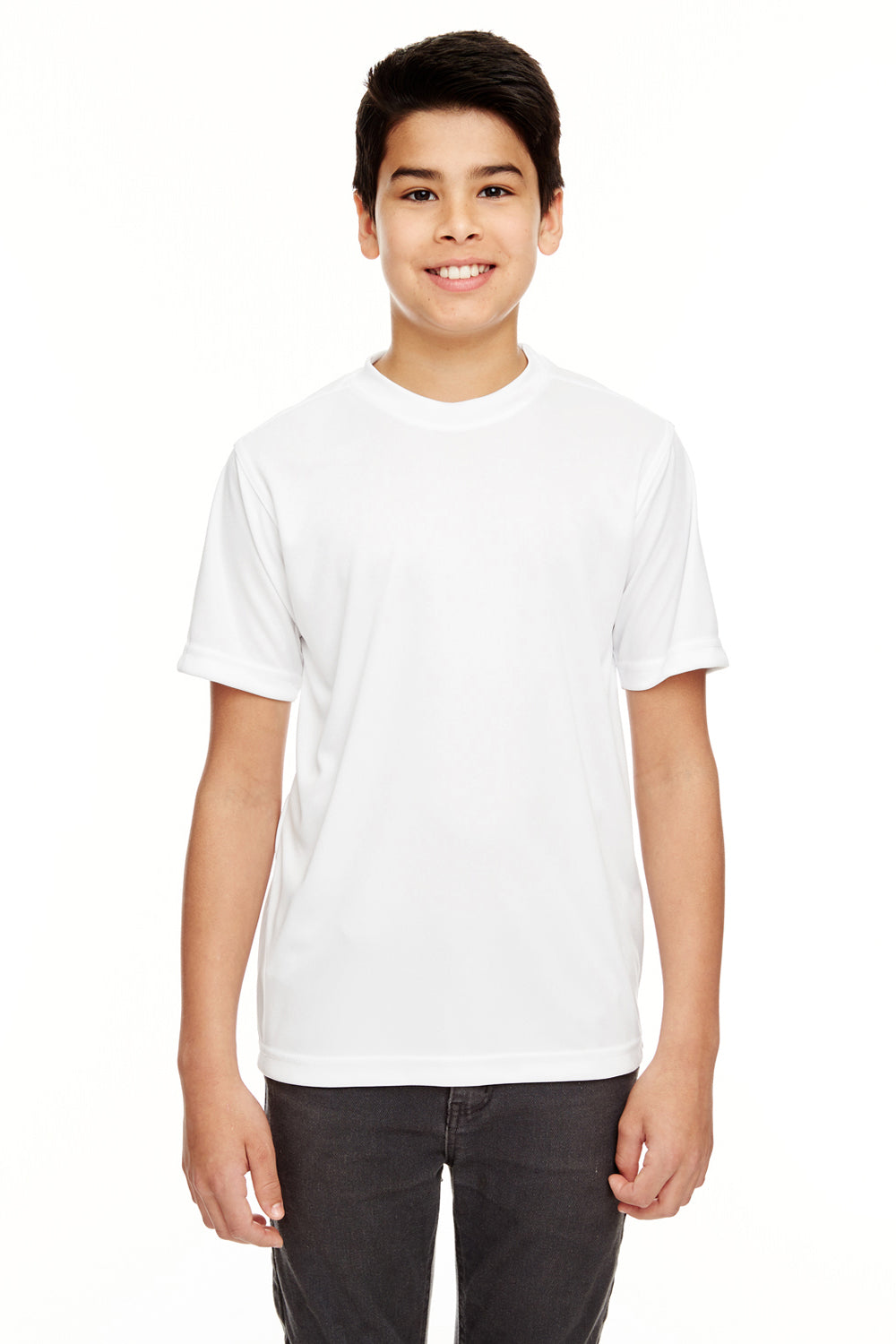 UltraClub 8620Y Youth Cool & Dry Performance Moisture Wicking Short Sleeve Crewneck T-Shirt White Front