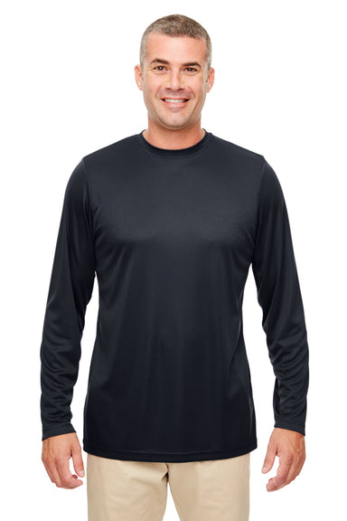 UltraClub 8622 Mens Cool & Dry Performance Moisture Wicking Long Sleeve Crewneck T-Shirt Black Front