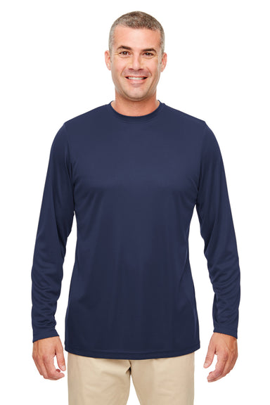 UltraClub 8622 Mens Cool & Dry Performance Moisture Wicking Long Sleeve Crewneck T-Shirt Navy Blue Front