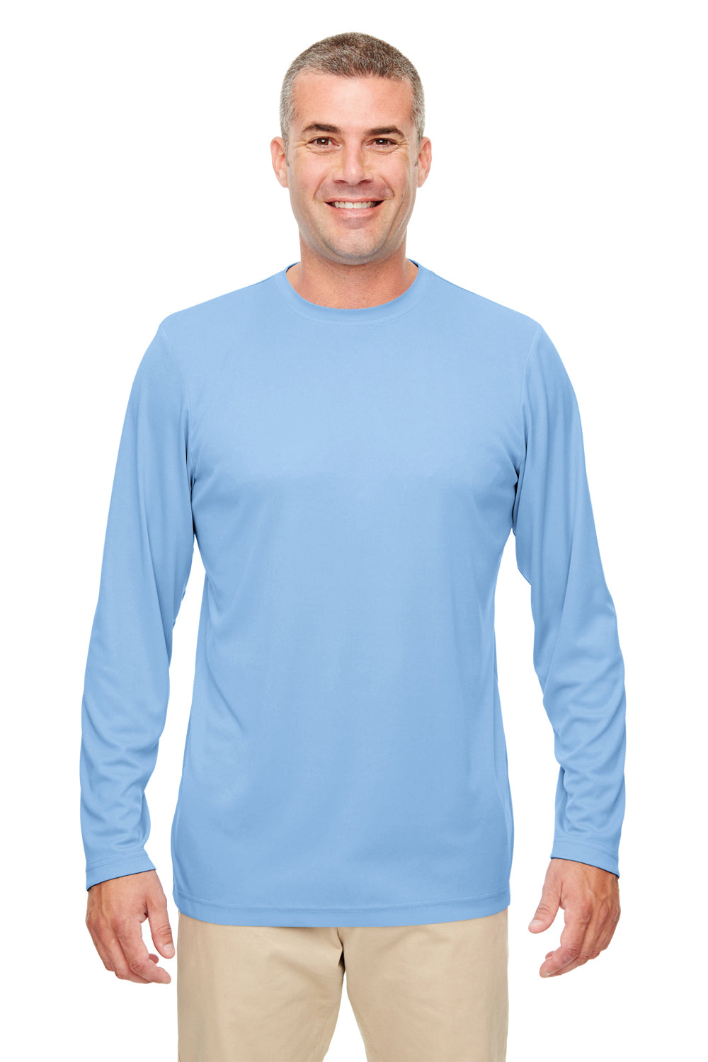 UltraClub Mens Cool & Dry Performance Moisture Wicking Long Sleeve Crewneck  T-Shirt - Columbia Blue