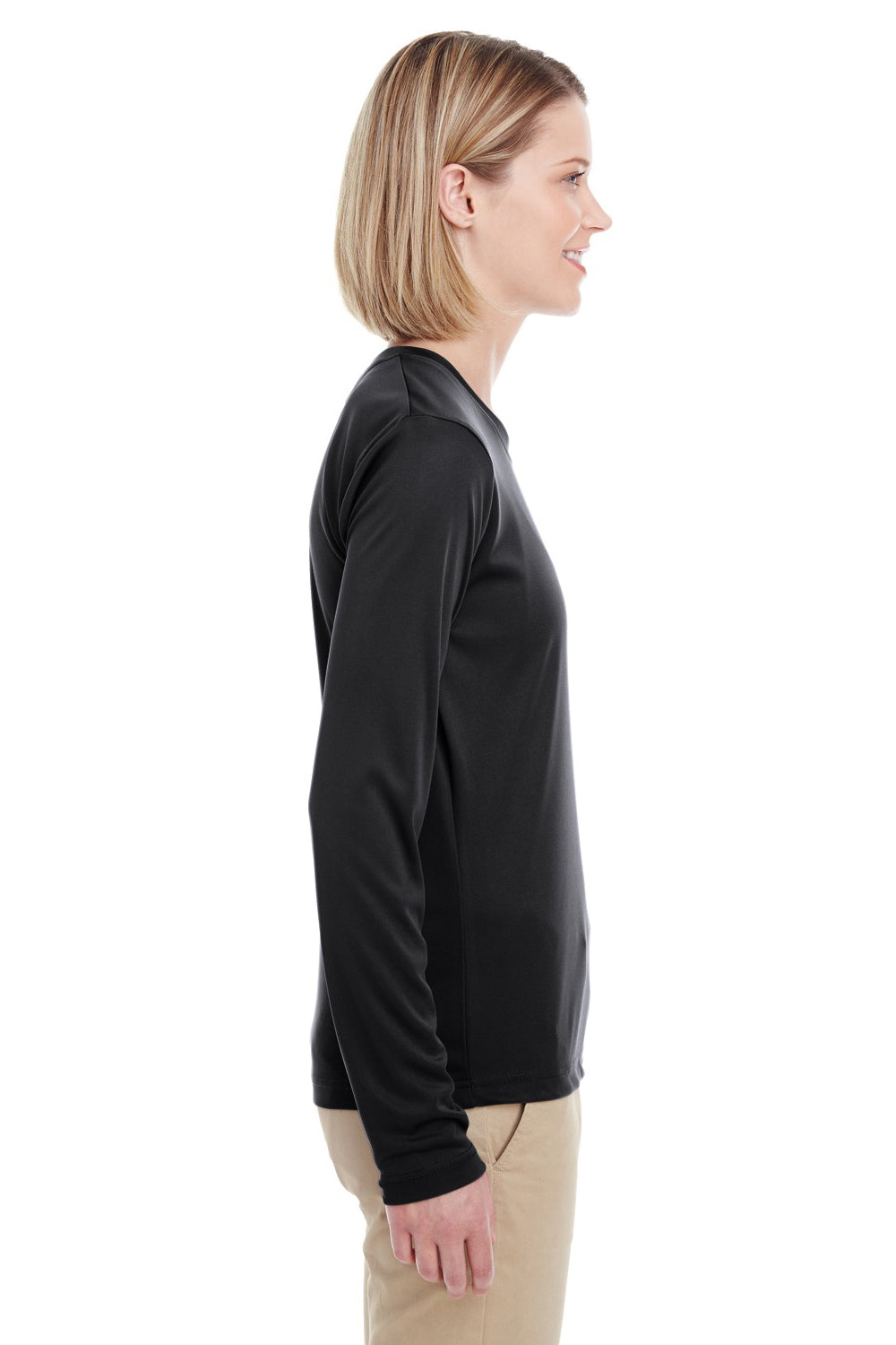 UltraClub 8622W Womens Cool & Dry Performance Moisture Wicking Long Sleeve Crewneck T-Shirt Black Side