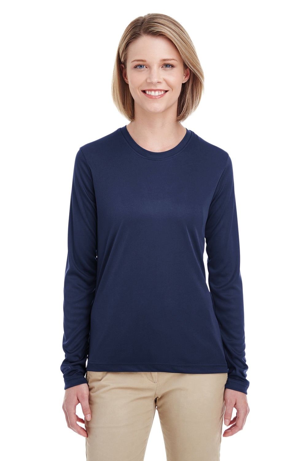 UltraClub Womens Cool & Dry Performance Moisture Wicking Long Sleeve  Crewneck T-Shirt - Navy Blue