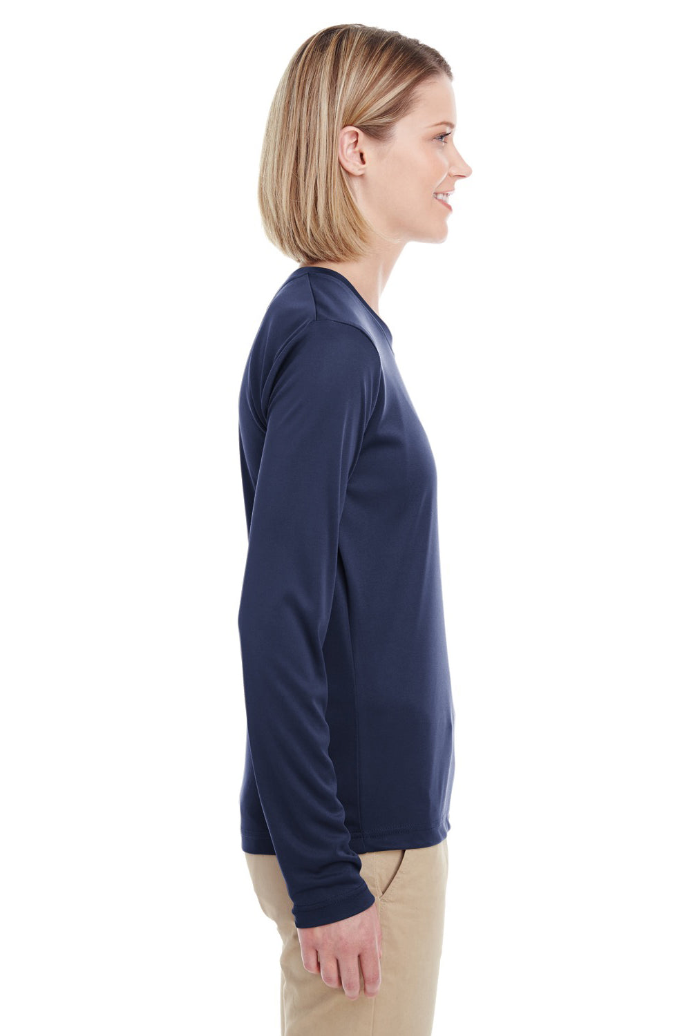 UltraClub 8622W Womens Cool & Dry Performance Moisture Wicking Long Sleeve Crewneck T-Shirt Navy Blue Side